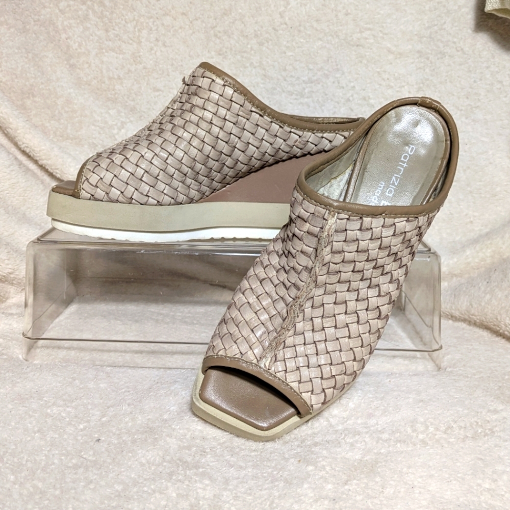 Patrizia Bonfanti Taupe Wedge Woven Leather Chunky Slide,‎ sz 36 (5.5-6)